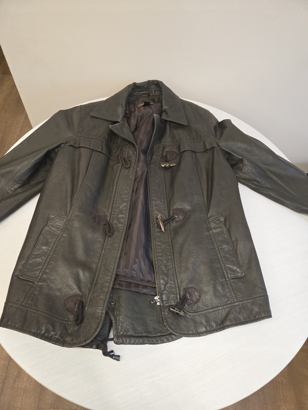 DANIER Women's Dark Green Leather Coat - Classic Toggle Jacket M